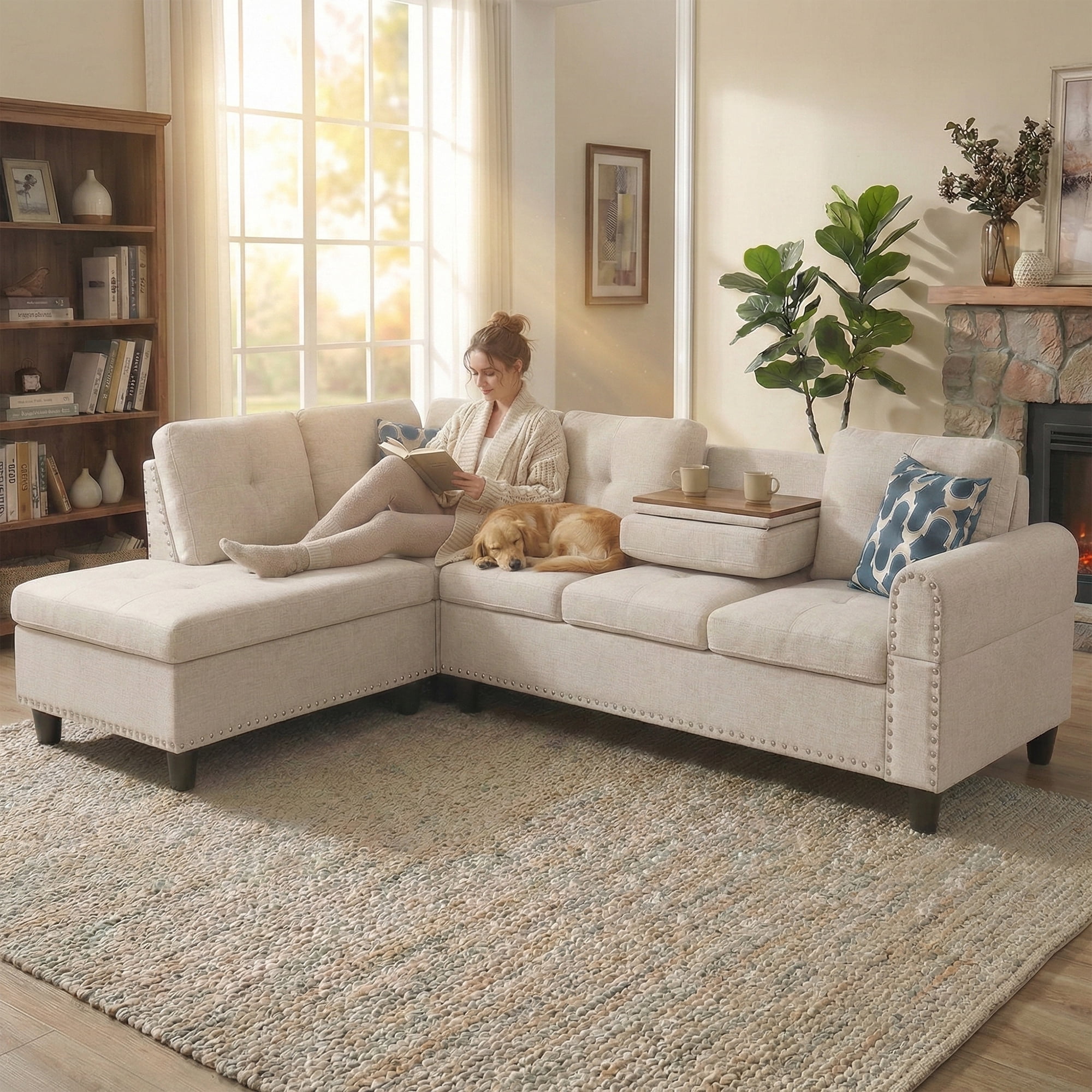 AENKYO 98" L-Shaped Upholstered Sectional Sofa Couch with Storage & Cup Holders, Faux Leather Living Room Sofa Set, Beige