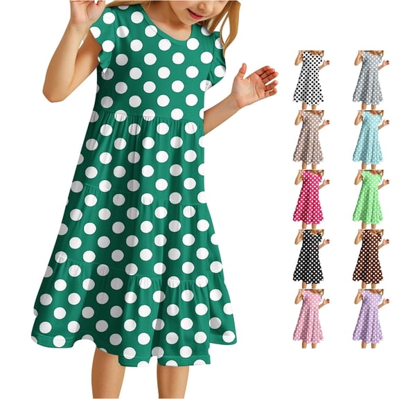 Toddler Girls Dress Big Polka Dot Pattern Flutter Sleeve Crew Neck Tiered A-Line Dresses for Vacation Kids Casual Boho Sundress
