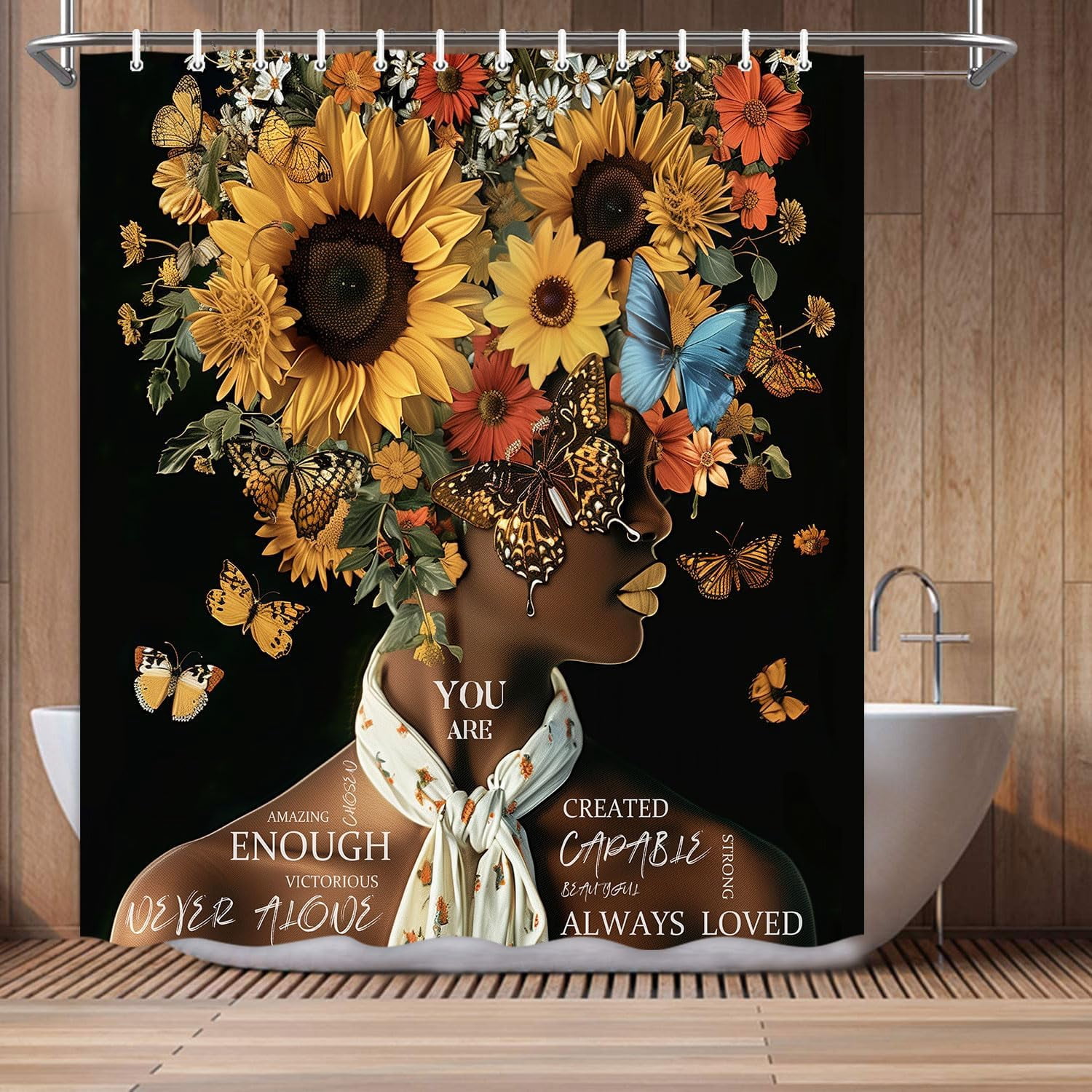 African American Shower Curtains Vintage Sunflower Flower Black Girl Shower Curtain Positive Confident Women Bath Curtain Waterproof Polyester Fabric Bathroom Accessories Decor with 12 Hooks, 72X72in
