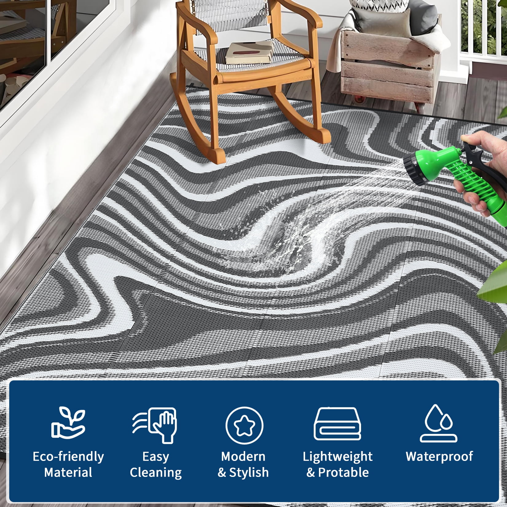 Garvee Outdoor Rug 5'x8' Abstract Plastic Area Rug Waterproof Reversible Outdoor Carpet, Plastic Straw Rug for Patio RV Camping Balcony Deck Backyard, Gray