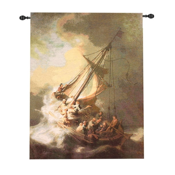Tan Brown and Cream White Religious Christ Calming the Storm Wall Art Hanging Tapestry 49" x 38