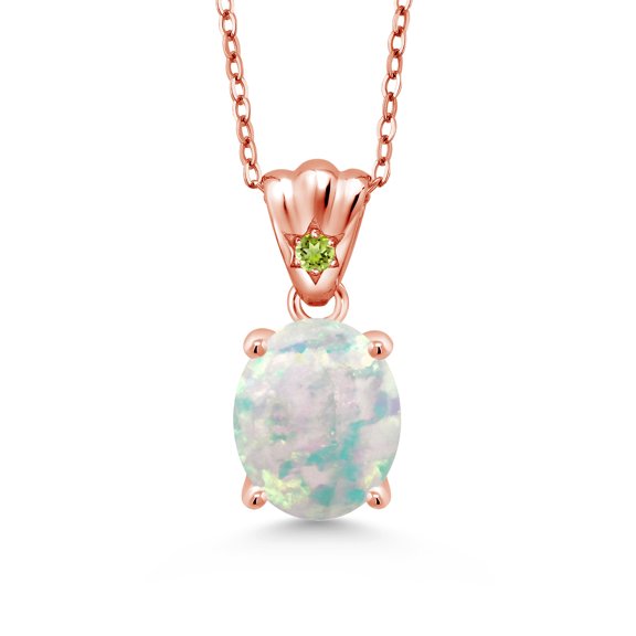 Gem Stone King 2.05 Ct Oval Cabochon White Simulated Opal Green Peridot 18K Rose Gold Plated Silver Pendant