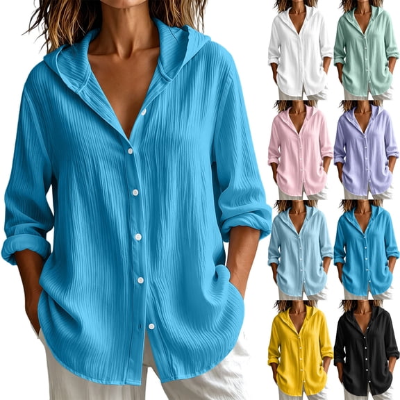 AKOEE Womens Button Down Hoodie Shirts Loose Fit Casual Wrinkled Lightweight Comfy Long Sleeve Blouses (XL, Sky Blue)