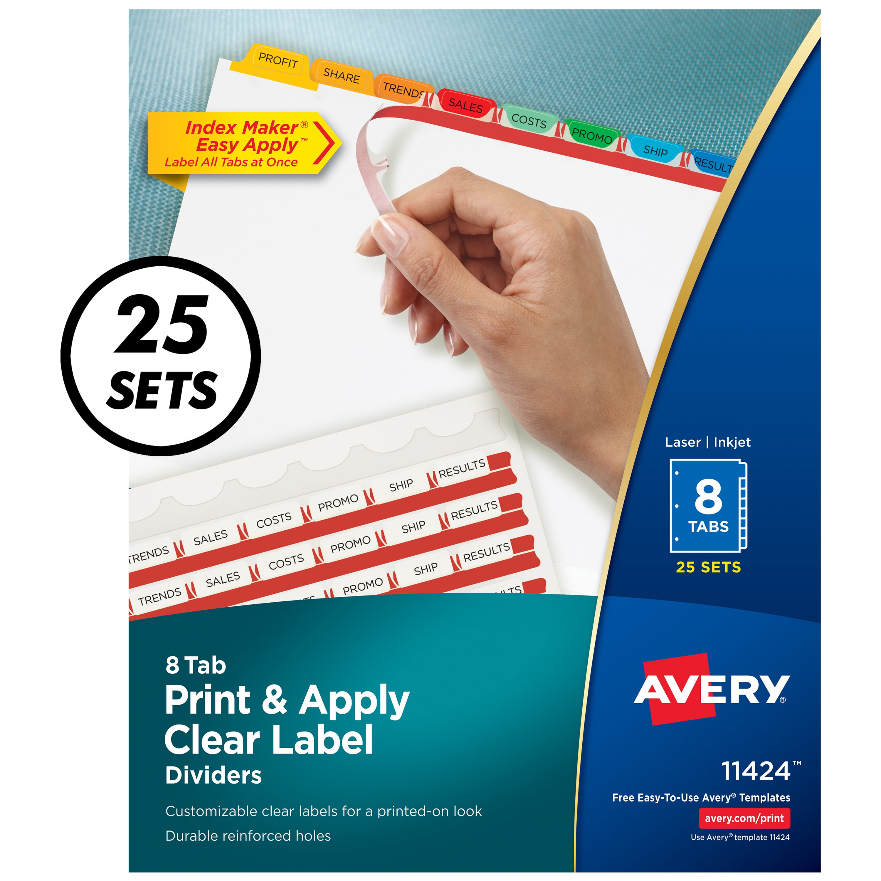 Avery 5-Tab Binder Dividers, Easy Print & Apply Clear Label Strip, Index Maker, Multicolor Tabs, 25 Sets (11423)