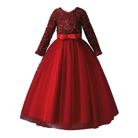 

TheFound Kids Baby Girls Banquet Dress Long Sleeve Sparkly Sequins Bowknot Party Formal Princess Tulle Tutu Wedding Dress