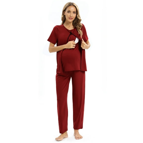 Women's Maternity Nursing Pajamas Set Zipper Breastfeeding Sleepwear Set Soft Short Sleeve Tops with Long Pants 2 Piece Pregnancy Loose Loungewear Pjs Set S-3XL