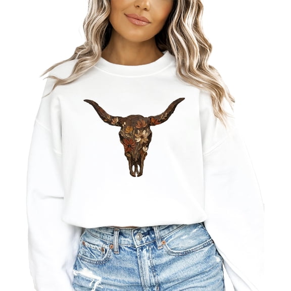 Western Longhorn Skull Sweatshirt for Women Vintage Cow Skull Graphic Pullover White Sweatshirt Adult X-Large