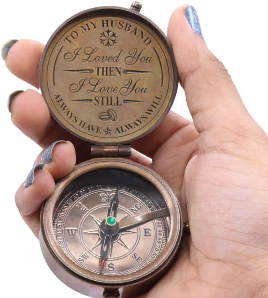 Maritime treasures to My Husband Solid Brass Compass with Leather Carry Case A Unique Gift to Your Fiancé, Boyfriend and Hubby Hiking Trekking Compass by DOLLOND LONDON1920
