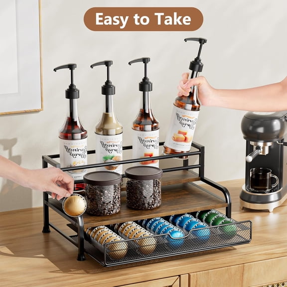 Coffee Syrup Rack Organizer, 3-Tier 8 Bottles Syrup Rack with Pod Holder Drawer for  Pods, Holds up to 30 Big or 40 Small Capsules, Countertop Coffee Bar Organizer for Kitchen Cafe