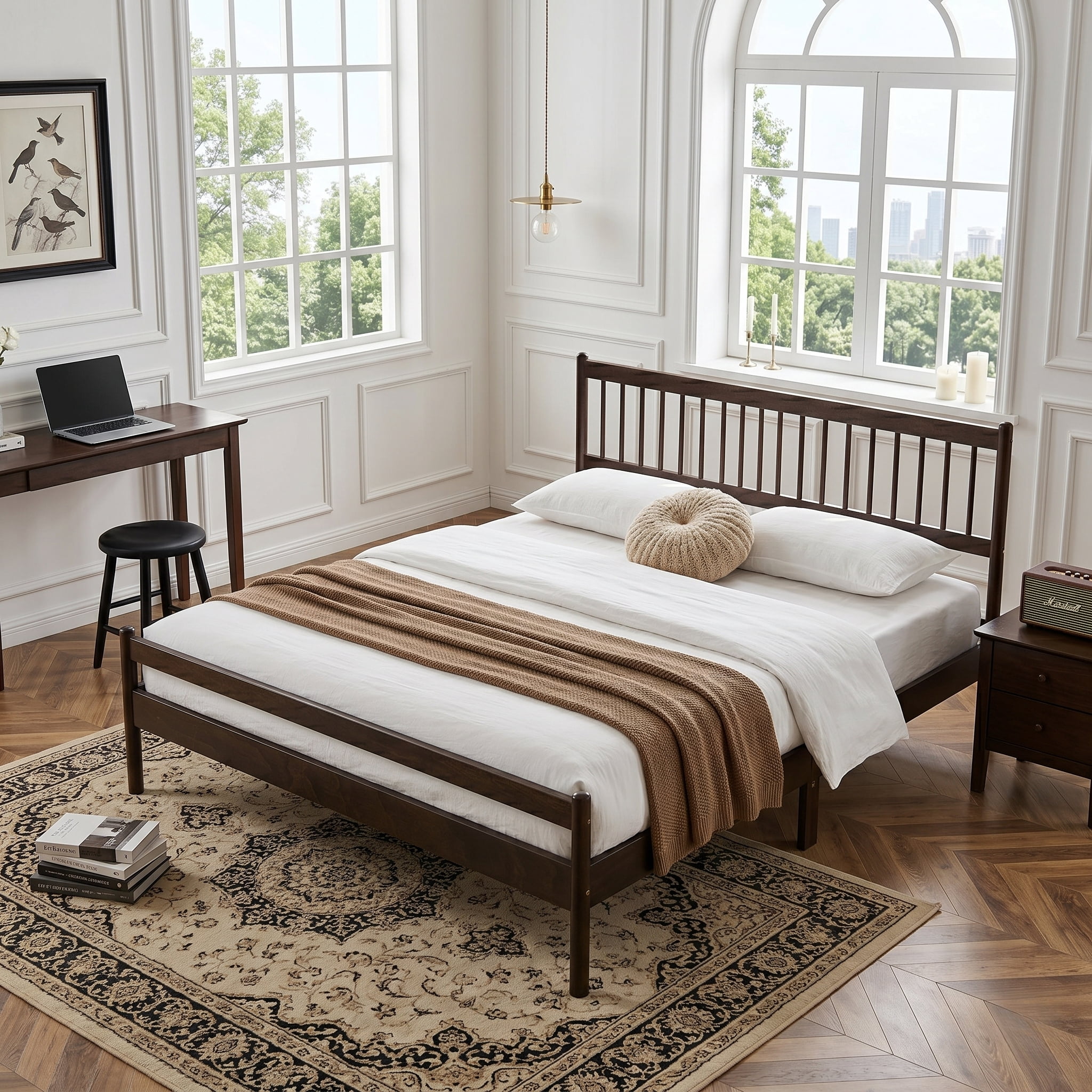 Mintazer Traditional King Size Platform Bed with Headboard and Footboard, Vintage Headboard Bed Frame for Bedroom, Brown