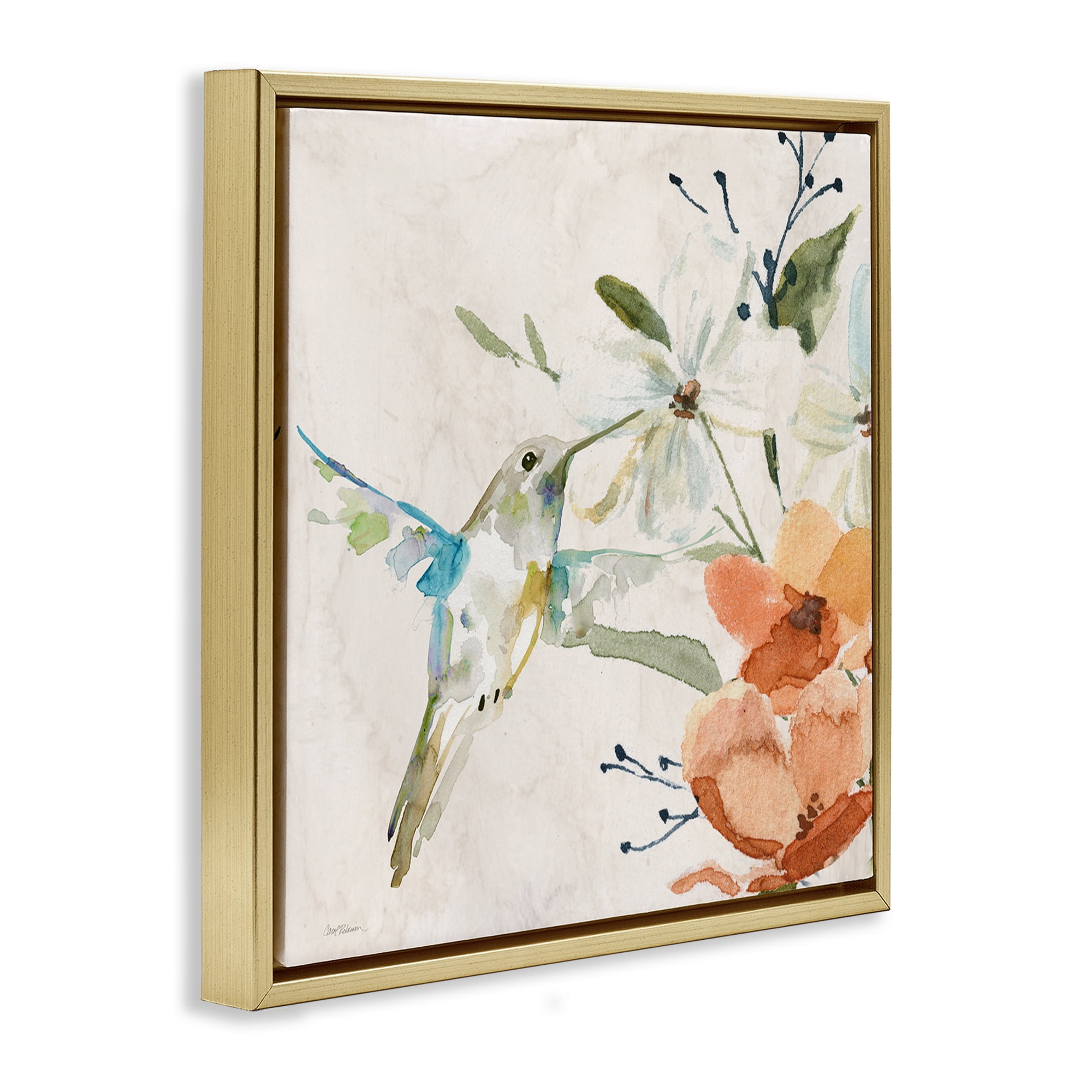 Stupell Industries Soft Florals & Hummingbird Plants & Flowers Painting Gold Floater Framed Canvas Art Print Wall Art, 18 x 18