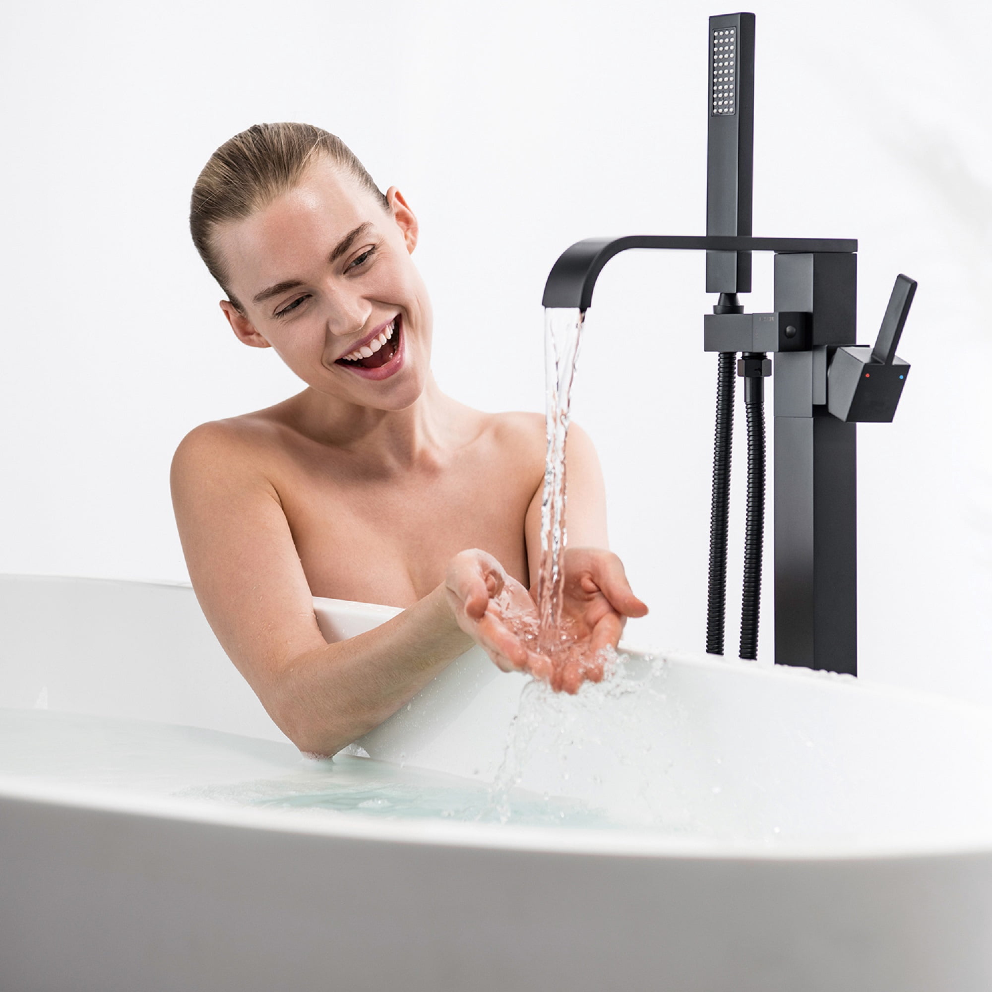 Wand Floor Mounted Bathroom Tub Filler with Hand Shower, Brass Freestanding Bathtub Faucet