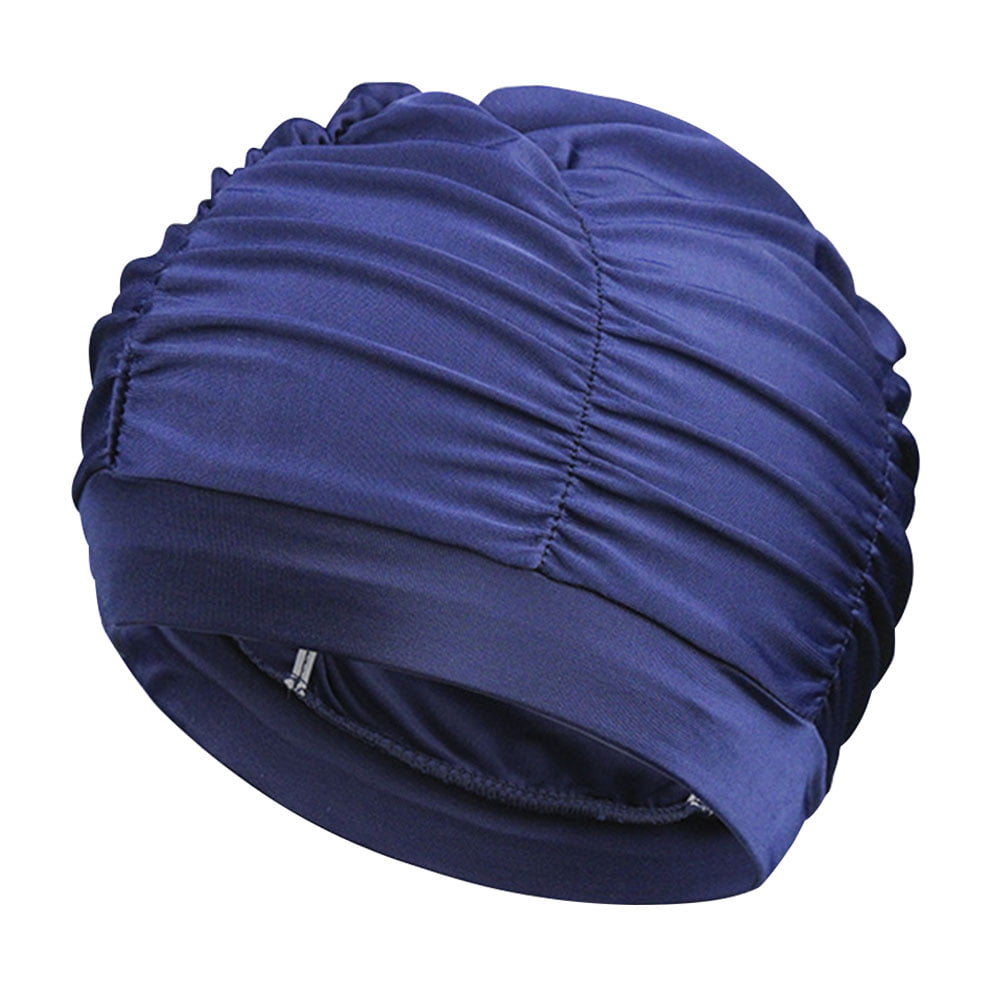 Men Women Long Hair Beanie Hat Elastic Adult Pleated Design Nylon Swimming Cap 