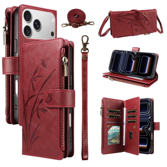For Apple iPhone 18 Pro Max / 17 Pro Max Orchid Pattern Wallet Case, 9 Card Slots Zipper Pocket, Detachable Wrist & Shoulder Strap, Magnetic Shockproof Protective Phone Case,Red