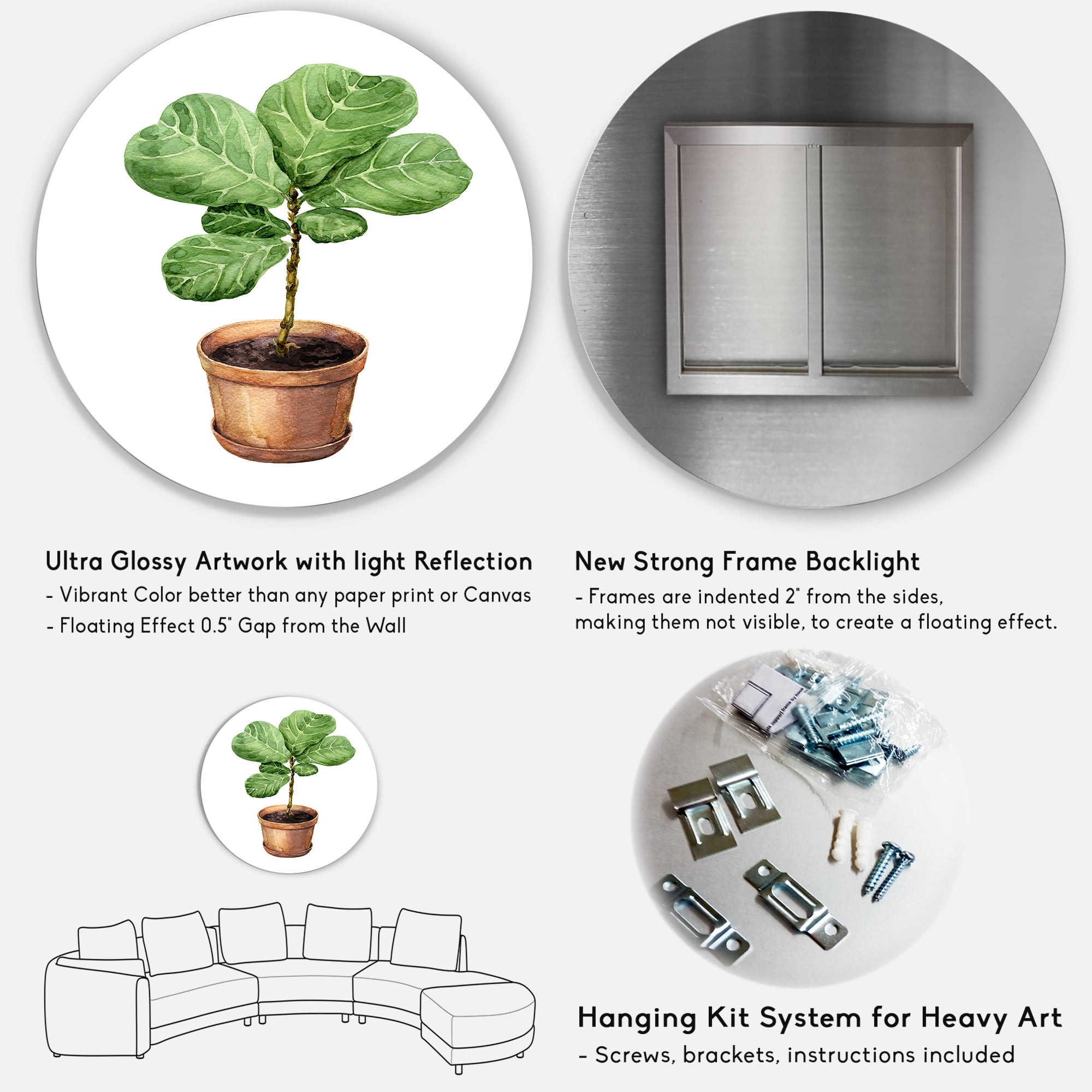 Designart 'Ficus Lyre Plant In Clay Flowerpot' Traditional Circle Metal Wall Art 36x36 - Disc of 36