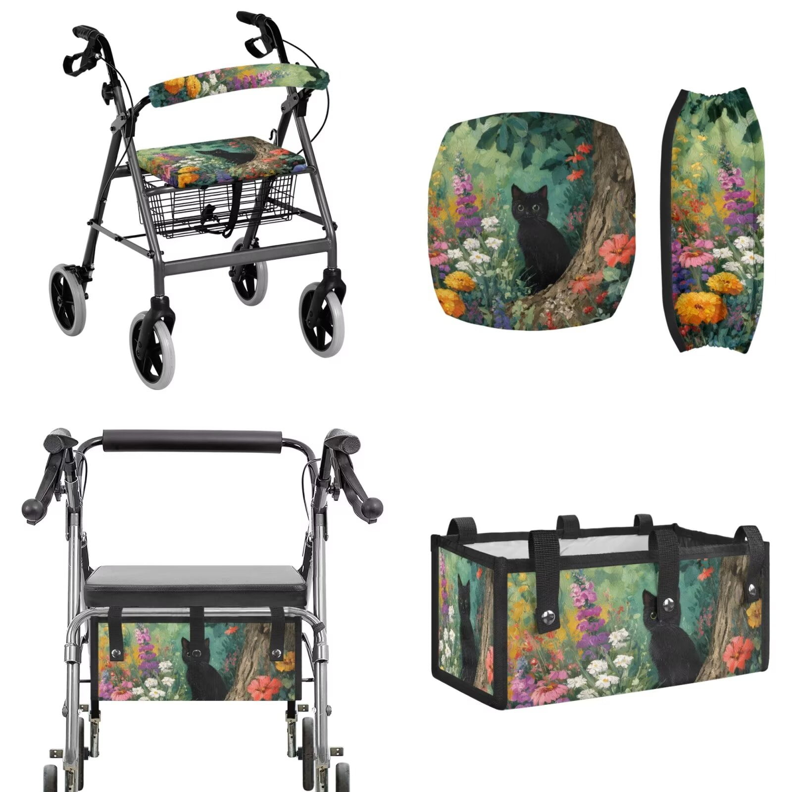COEQINE Rollator Walker Seat and Backrest Covers with Storage Bag 3 Pieces Set, Universal Washable Rollator Walker Accessories Gifts for Seniors Ladies, Cat Flower Forest