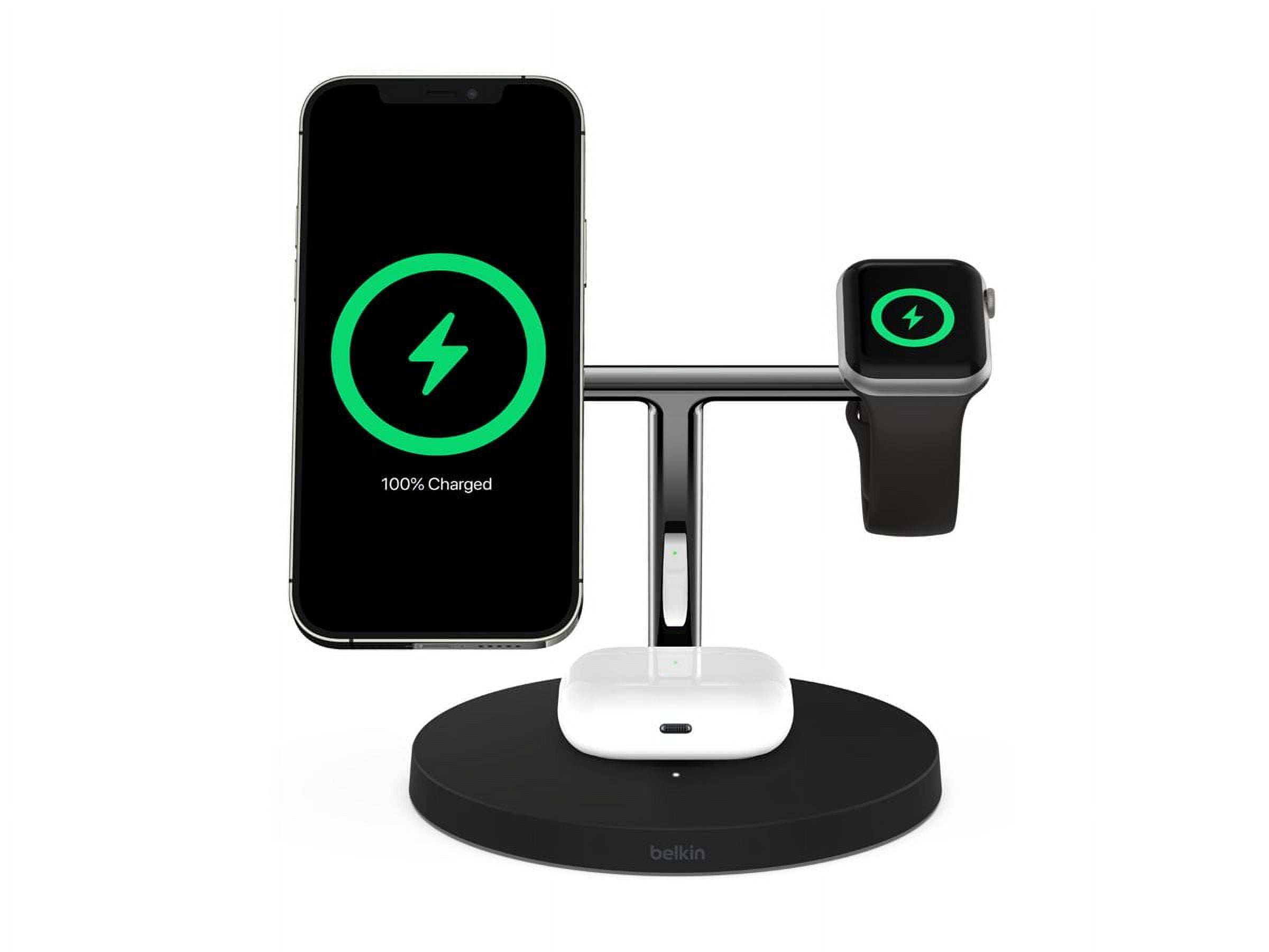 Restored Belkin MagSafe 3-in-1 Wireless Charging Stand (Older 2021 Release) for Apple Watch, iPhone Series, AirPods, Black (Refurbished)