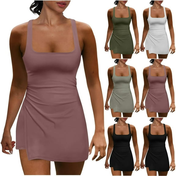 DUMUIELD Athletic Dress for Women, Womens Tennis Dress Built in Shorts with Pockets Sleeveless Workout Dress Skort Dress Golf Dresses White,XL