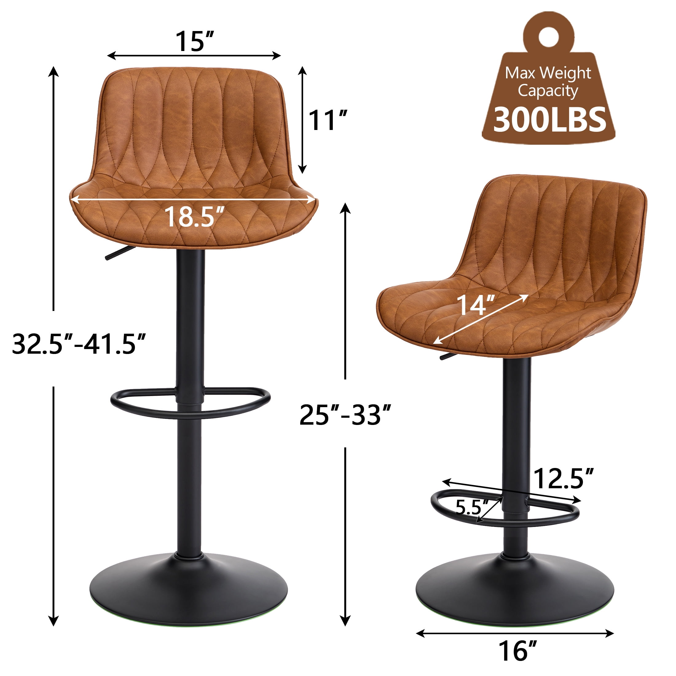 FIRAVOE Swivel Bar Stools Set of 2 (Adjustable Height 25"-33") Counter Height Bar Stools with Back, Modern Faux Leather Barstools for Kitchen Island, Brown