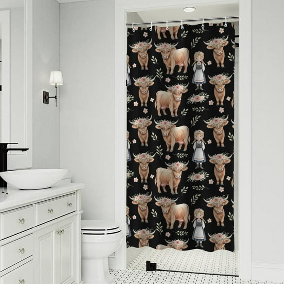 Black Highland Cow Girl Flower Pattern Shower Curtain 36"x72" ,Bathroom Decorative Shower Curtains Set with 12 Hooks,Modern Waterproof Washable Shower Curtain