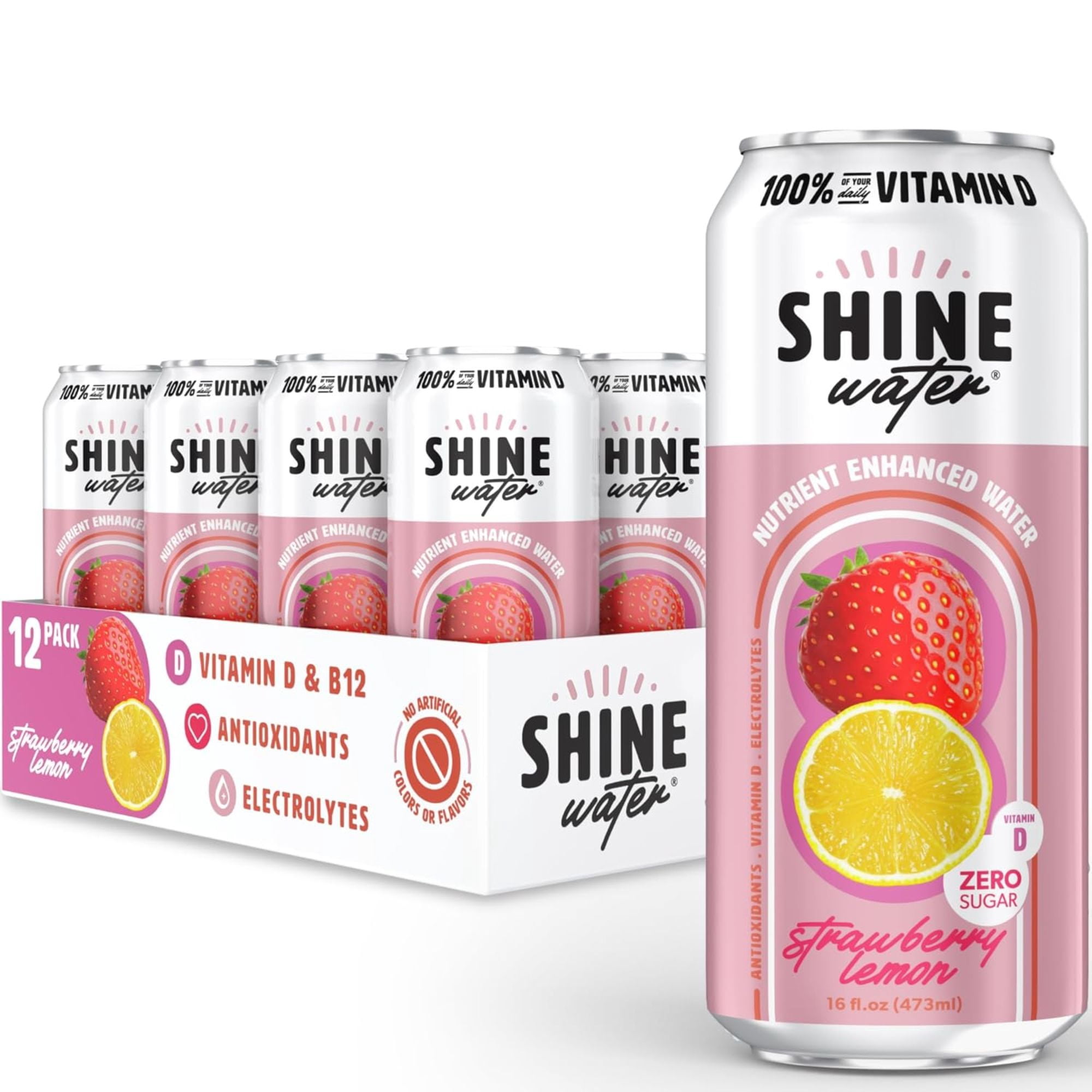 Shine Water Strawberry Lemon Vitamin D Electrolyte Drinks 12-Pack, Sugar Free Flavored Water with Magnesium, Zinc & Antioxidants, Low Calorie Hydration