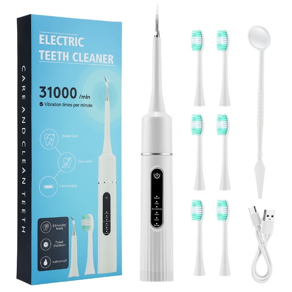 Electric Toothbrush with Tartar Remover, Teeth Cleaning Kit 2 in 1 with 6 Cleaning Modes, 10min Auto Off, IPX6 Waterproof, Water Flosser for Adult, USB Charging, White