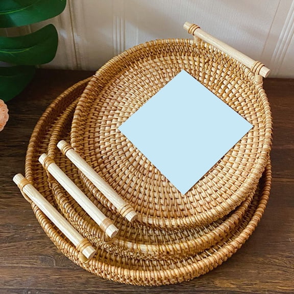Travelwant Rattan Serving Tray with Handles, - Round Woven Organizer Basket Tray Wicker Home Decorative Tray for Storage Bread Fruit Food Breakfast Snacks
