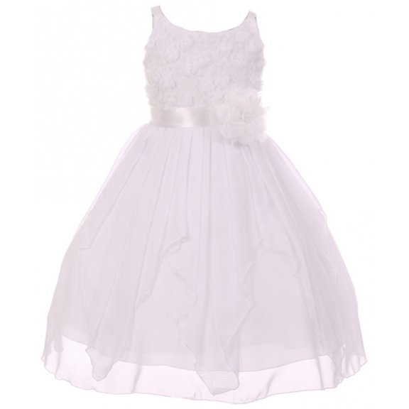 Little Girls Sleeveless 3D Flowers Chiffon Junior Bridesmaid Pageant Flower Girl Dress White 4 (C17B09)
