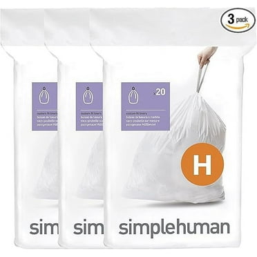 simplehuman Code H 60 Count, Genuine Custom Fit Liners, Drawstring Trash Bags in Dispenser Packs, 30-35 Liter / 8-9.2 Gallon, White
