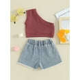 thumbnail image 3 of Bagilaanoe 2pcs Toddler Baby Girl Shorts Set Ribbed Sleeveless One Shoulder Tank Tops + Denim Shorts 12M 18M 24M 3T 4T 5T Kids Casual Summer Clothes, 3 of 8
