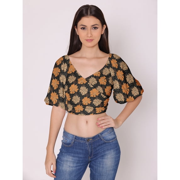 DressBerry Women's Printed Crop Top Blouse Balloon Sleeves Broad V Neck Casual Summer High Rise Short Slip Ontop