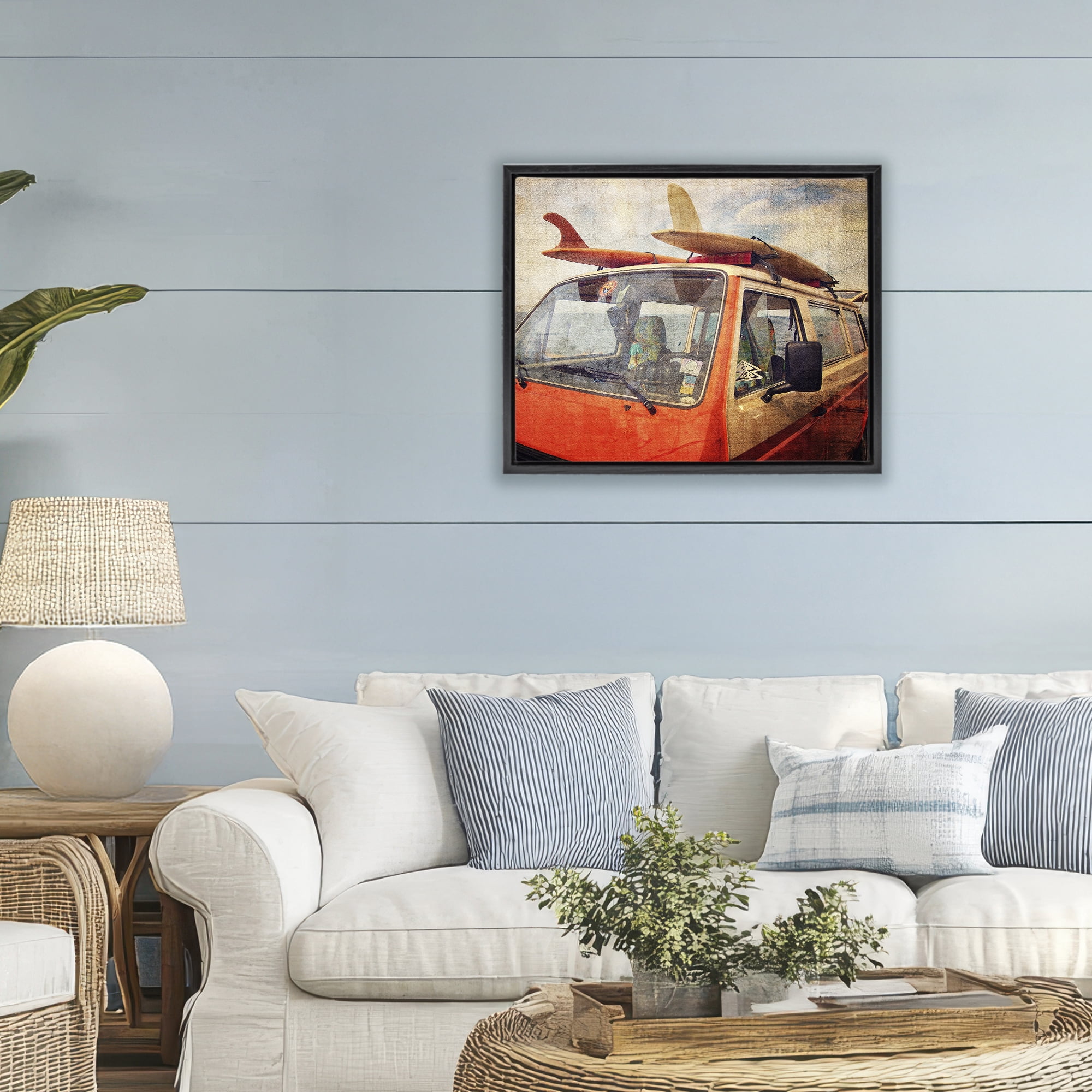 Stupell Industries Surf Bus Vintage Distressed Black Framed Floater Canvas Wall Art, design by Grotto Studios