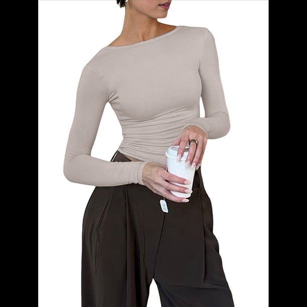 Camisa de Larga con Cuello Redondo para Mujer, Básica, con Doble Forro y Fruncido Lateral, para Salir. Gris L
