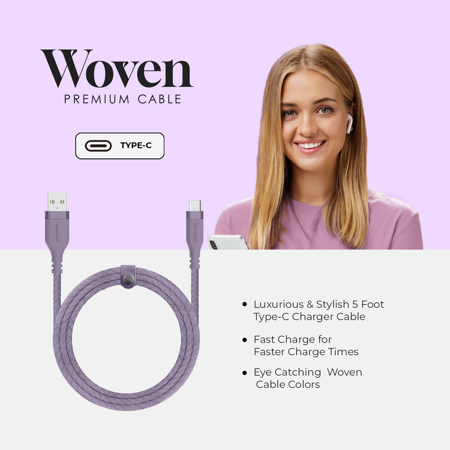 Liquipel Powertek USB-A to USB-C Woven Cable - Purple