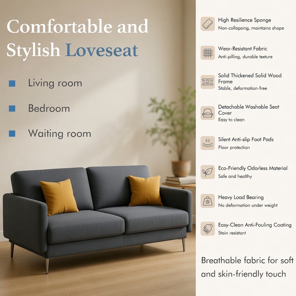 Hommoo Modern Loveseat Sofa with Ergonomic Backrest Cushions, High-Density CertiPUR-US Foam, 76.5" Wide Metal Legs, Gray