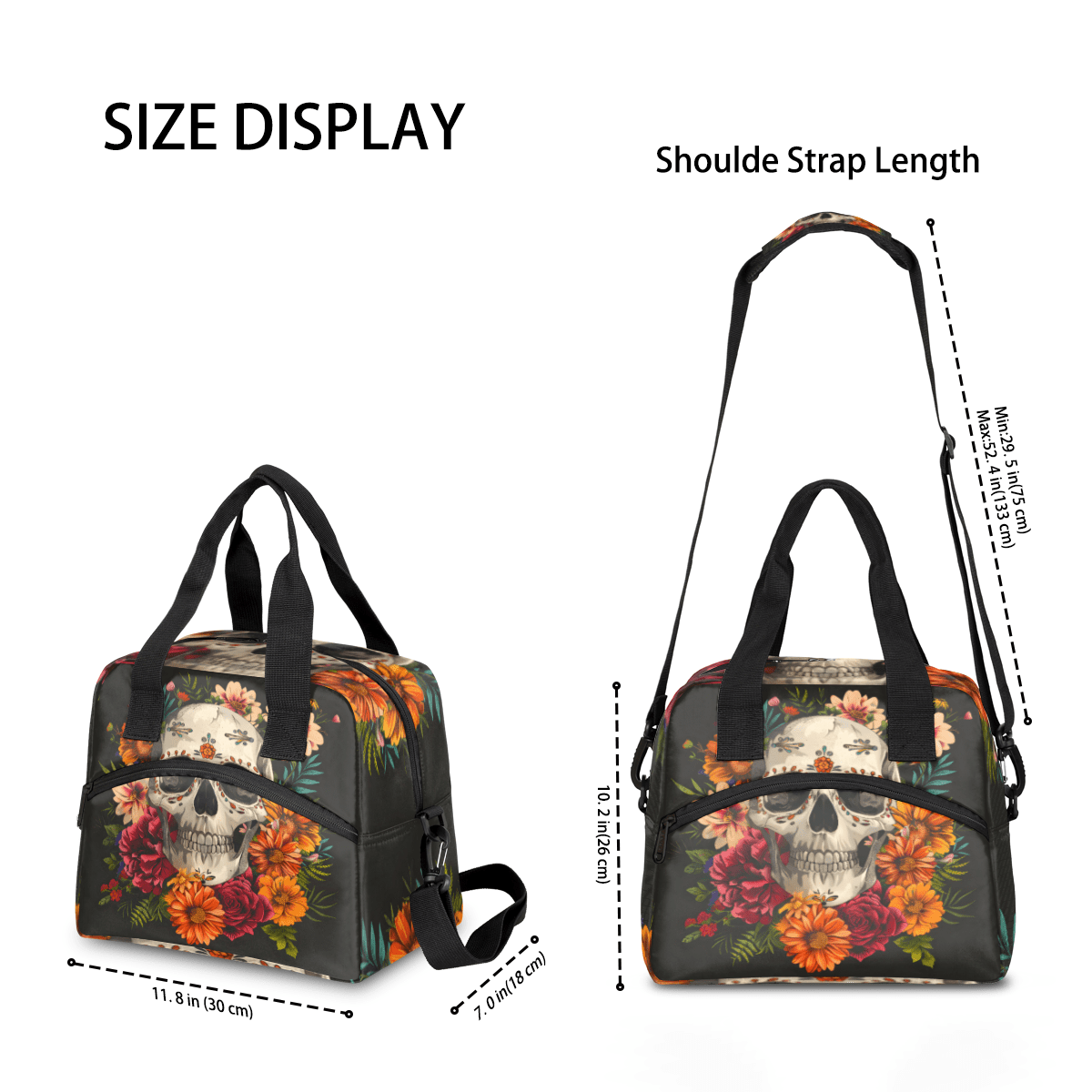 Herdesigns Sugar Flower Skull Floral Gothic Insulated Lunch Bag for Women Men Adults Large Reusable Lunch Box Leakproof Portable Cooler Tote Bags with Adjustable Shoulder Strap