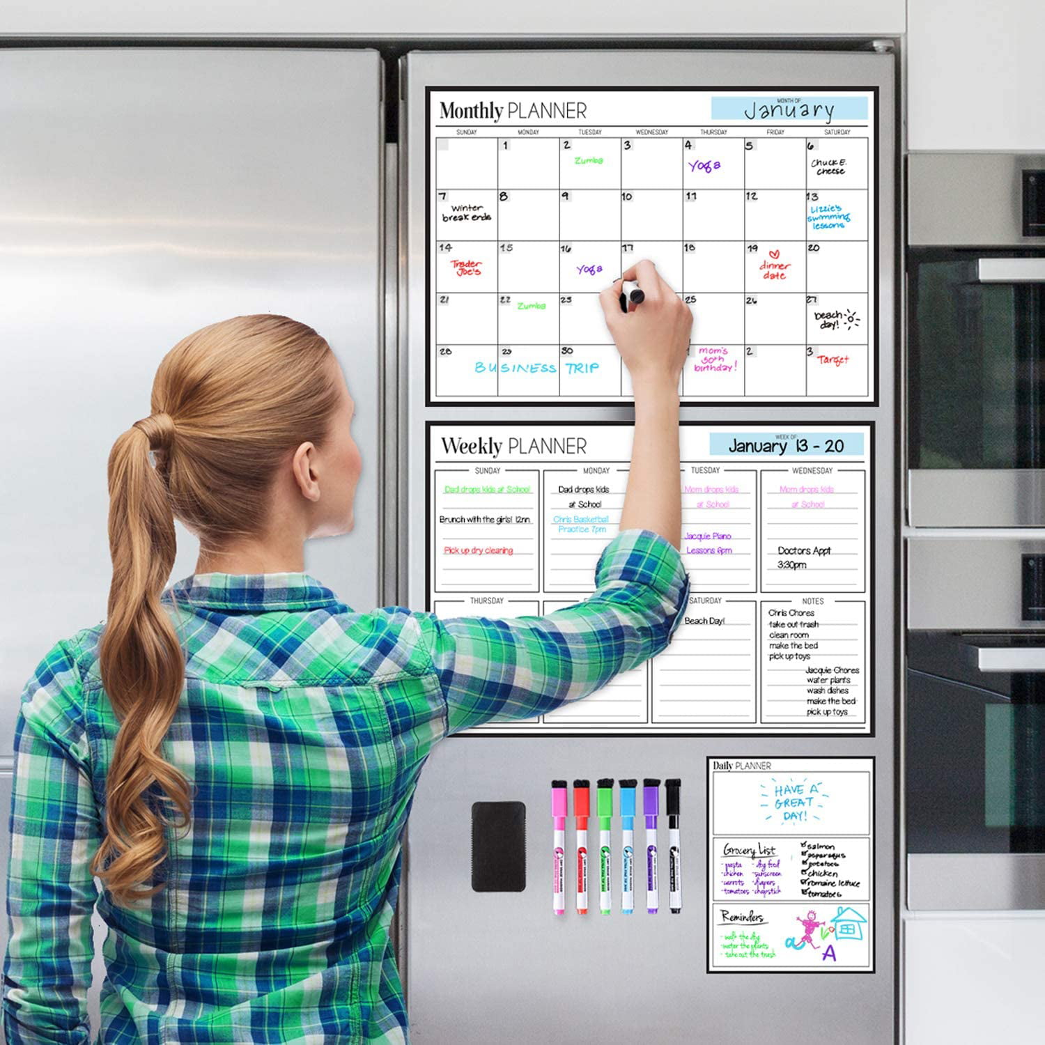 Dry Erase Magnetic Whiteboard Calendar Package for Refrigerator All-in-One 
