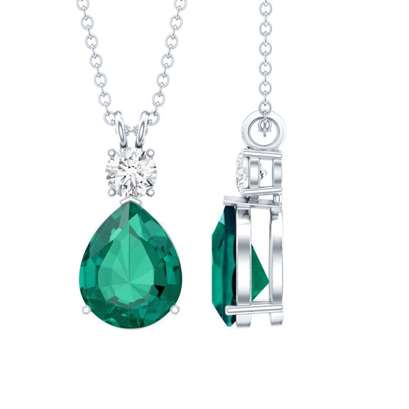 Rosec Jewels Lab Grown Emerald Teardrop Pendant Necklace - 8X10 mm - AAAA Grade - Emerald Moissanite Necklace - with Jewelry Box, 925 Sterling Silver