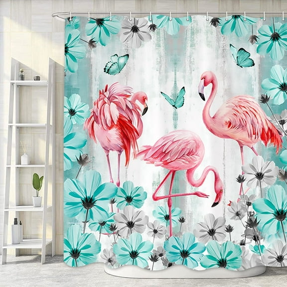 Pink Flamingo Shower Curtain, Rustic Teal Turquoise Farmhouse Flower Floral Shower Curtain Set for Bathroom, Fabric Country Blue Wild Garden Plant Bathroom Accessories with Hooks, 72x72in