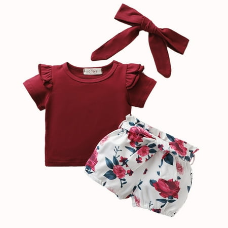 

BIZIZA Baby Girl Outfit Short Sleeve Headwear 3-Piece Ruffle Summer Bow T Shirts Floral Shorts for 1-5Y Kids Red 120
