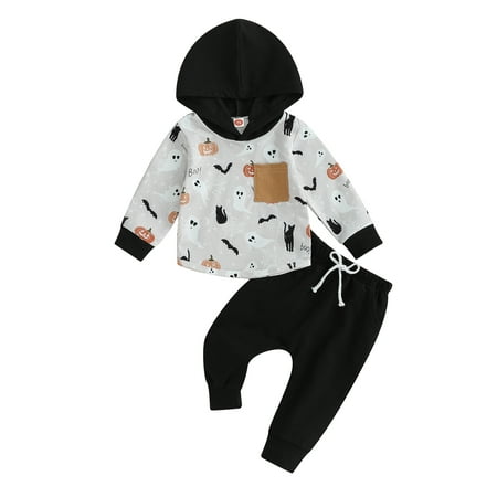 

Canis Boys Halloween Outfit: Ghost Bat Pumpkin Print Hoodie Sweatpants Set