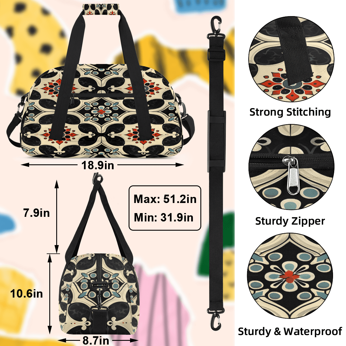 Herdesigns Flower Sports Duffle Bag for Women & Men, Vintage Floral Gym Bag Dance Bag Overnight Bag Carry On Weekender Travel Bag