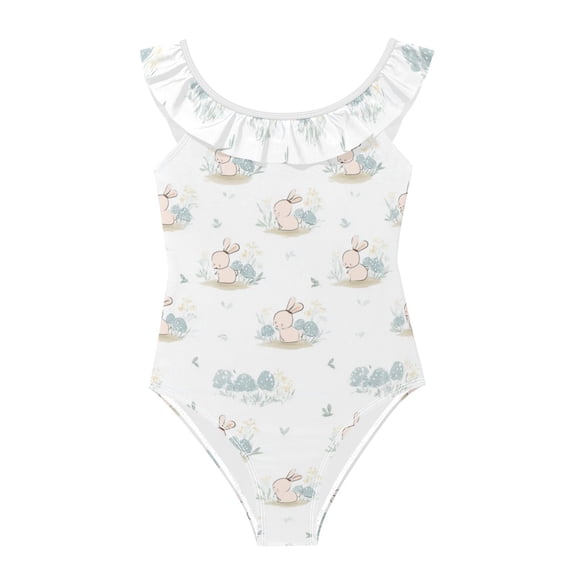 Girls Ruffled One Piece Swimsuit Summer Beach Vacation Swimwear Tank Swimsuit Sweet Rabbit