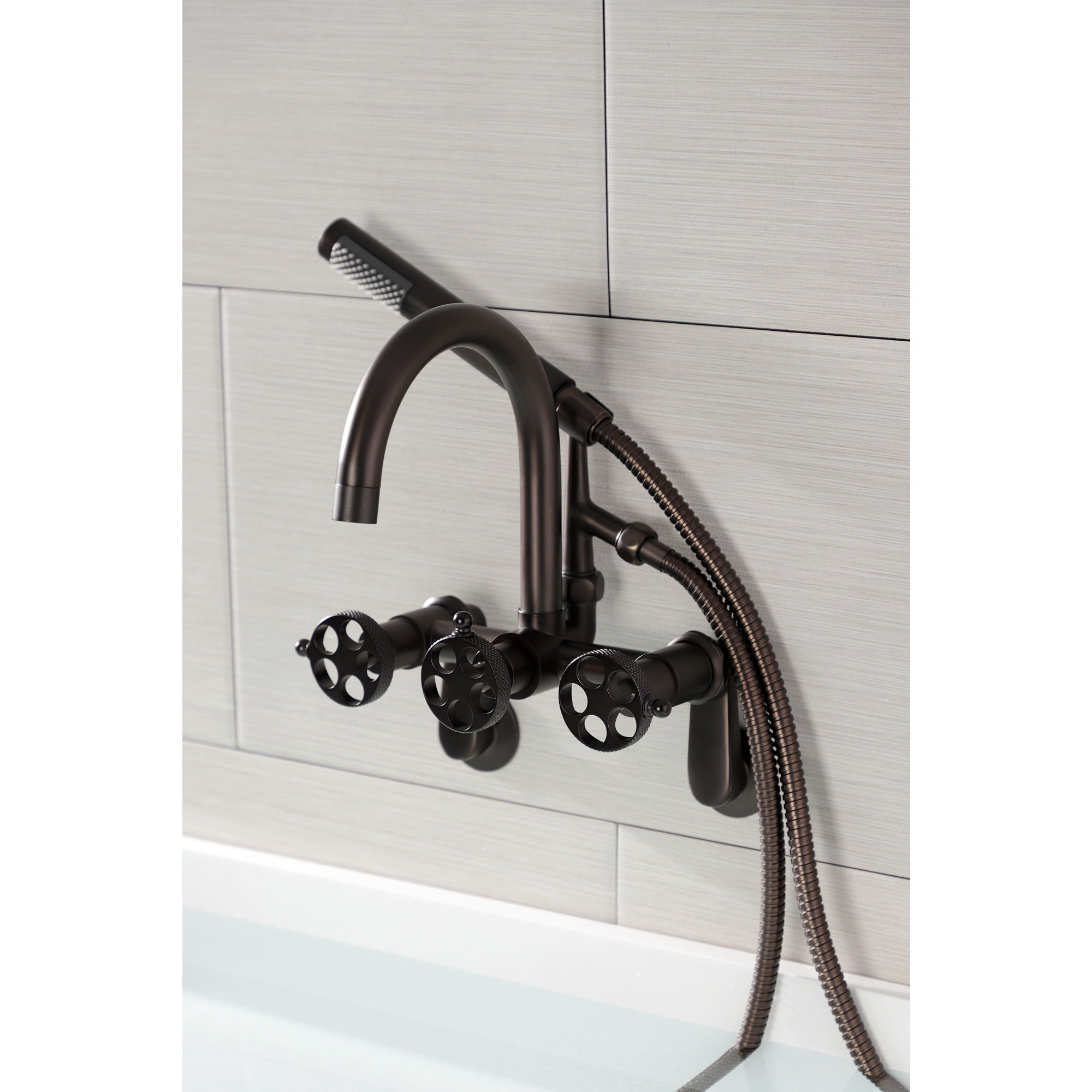 Kingston Brass AE8155RKX Webb 7-Inch Adjustable Wall Mount Clawfoot Tub Faucet with Knurled Handle and Hand Shower, Oil Rubbed Bronze