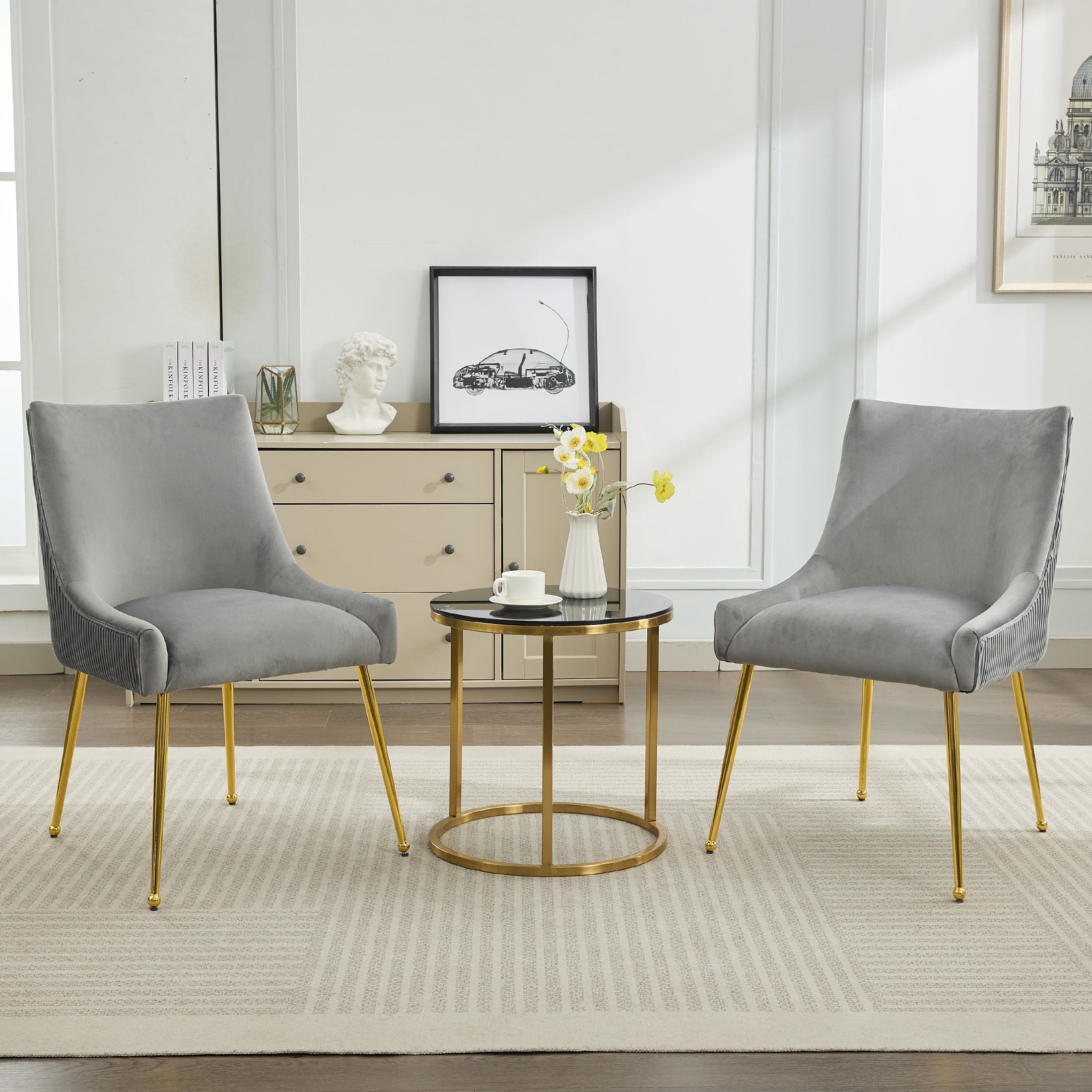 Velvet Dining Chairs Set of 6 with Gold Legs, Upholstered Accent Chairs, Pleated Back & Gold Pull Handle, Mid-Century Modern for Dining Room, Kitchen, Living Room, Light Grey