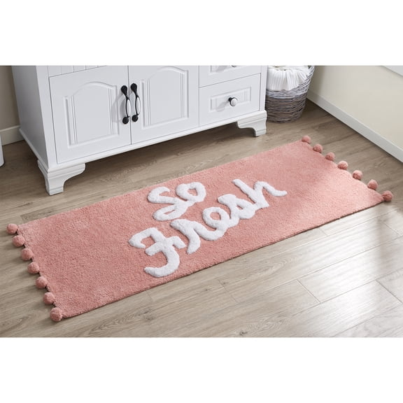 VCNY Home So Fresh Pom Pom Typography Blush Polyester Bath Rug, 24" x 60"