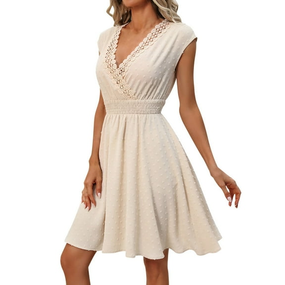 Plus Size Women's French Resort Style V Neck Lace Trimmed A Line Summer Dress Flowy Boho Elegant Casual Beach Maxi Outfit