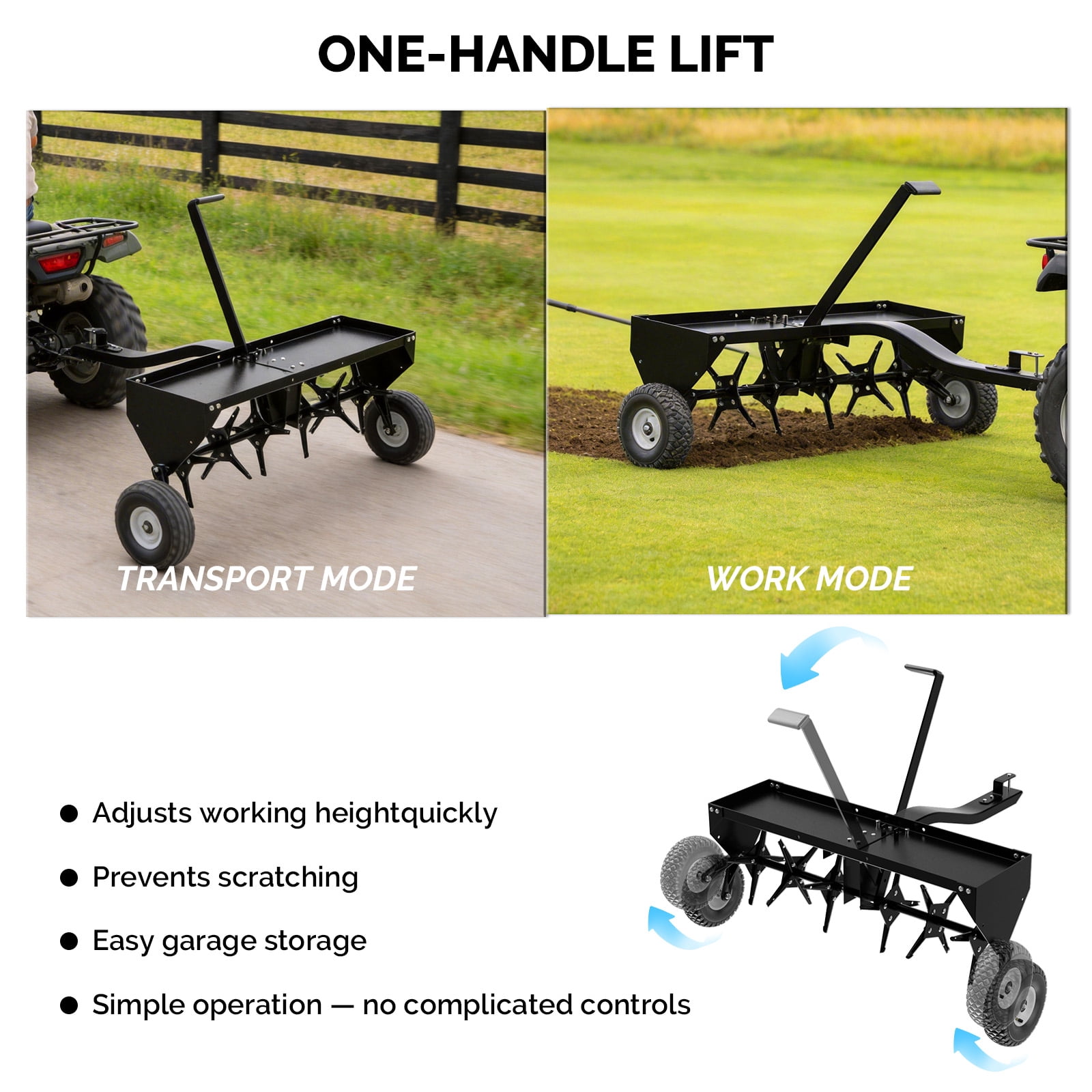 Zimtown 40" Tow Plug Lawn Aerator with Universal Hitch, Lawn Aerator Tow Behind with Tray and Inflatable Wheels for Garden Farm Lawn, Black