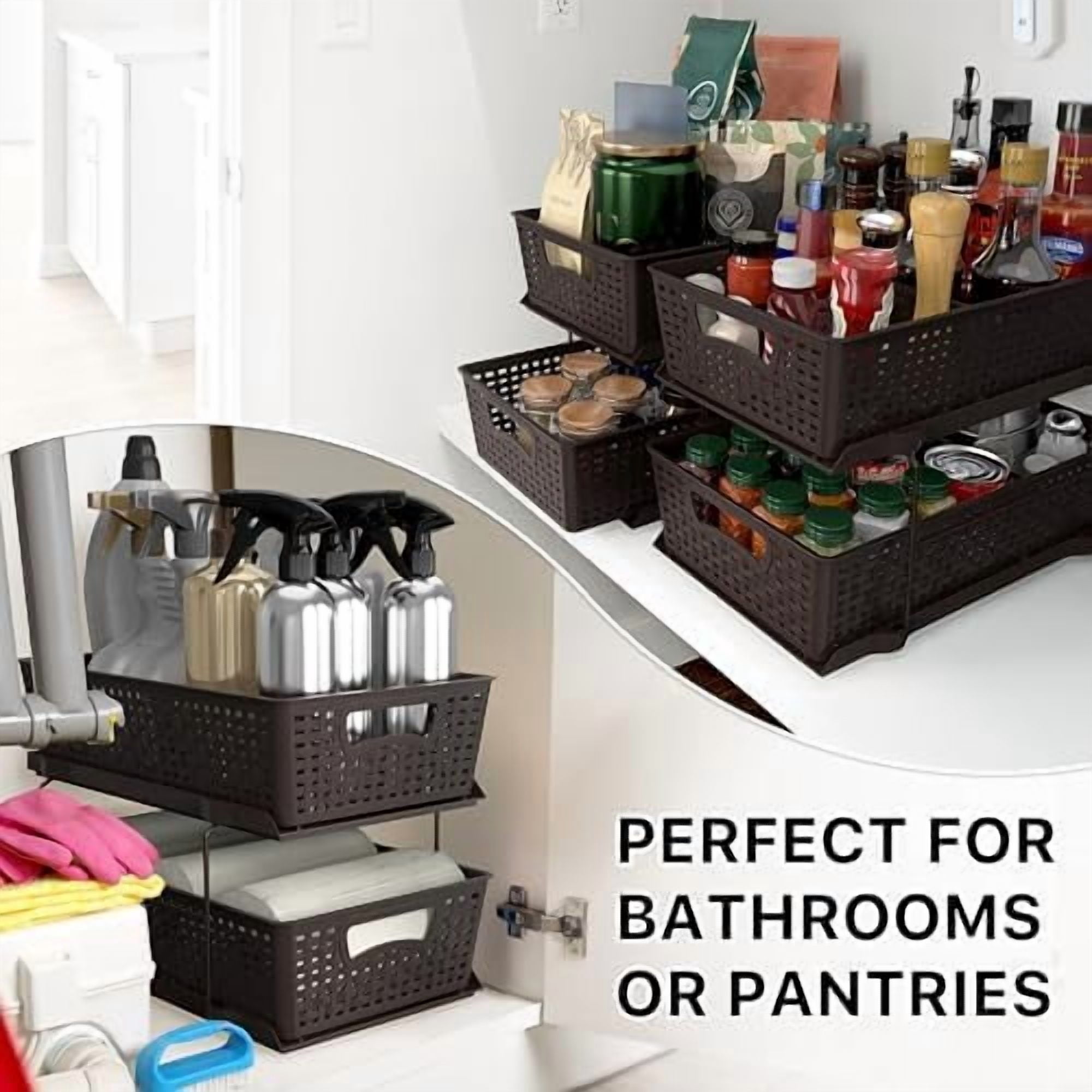 2 Tier Bathroom Organizer Tray Pull-Out Sliding Drawer, Under Sink Storage, Brown