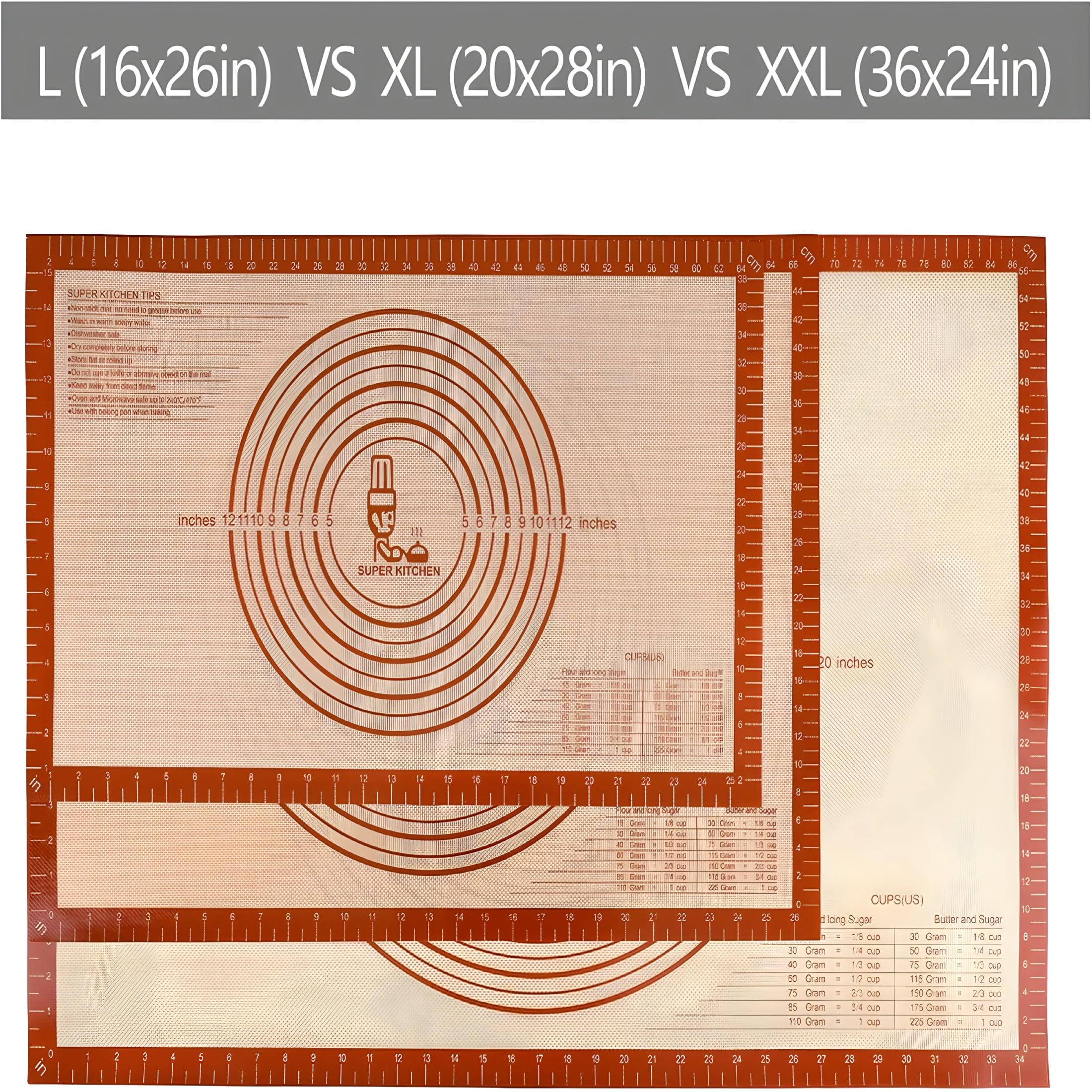 ACDANC Non Slip Silicone Pastry Mat Extra Large with Measurements 36''By 24'' for Baking Mat,Counter/Dough Rolling/Oven Liner/Fondant/Pie Crust（Red）